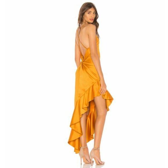 $198 NBD Sunset Golden Yellow That Love Satin Asymmetric Ruffle Gown XS NWT - Picture 4 of 11